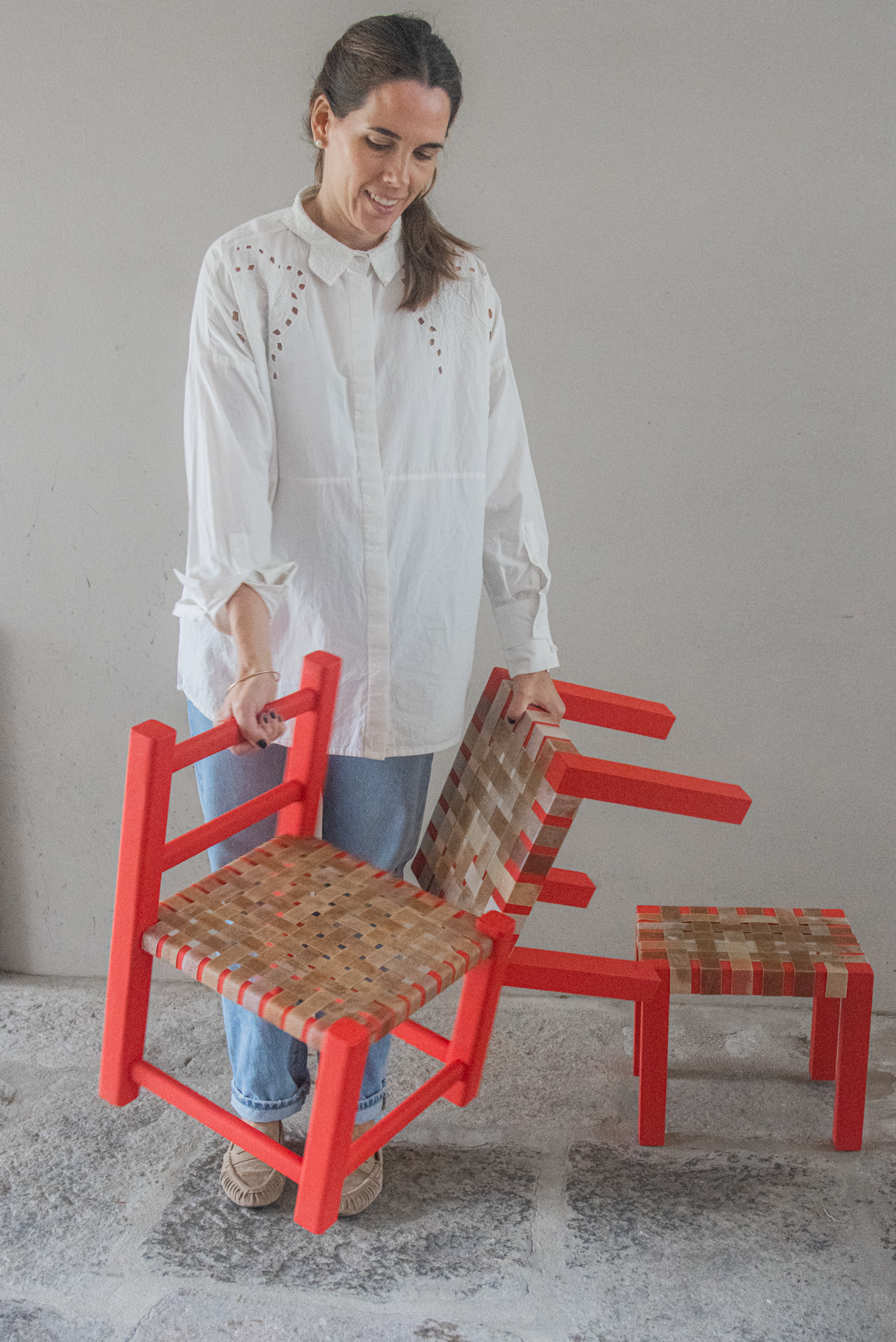 Sillita Trenza madera Roja en lonja natural